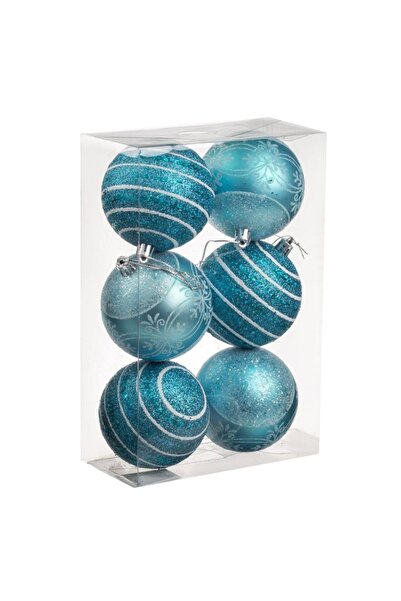 OEM Turquoise Christmas bauble set with glitter patterns ø8cm - 6pcs