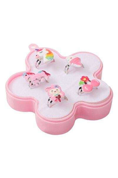 SHOPIENS Set de inele pentru copii - modele cu unicorni și sirene, cutie cu flori roz, 5 piese