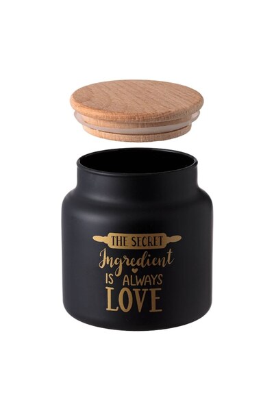 OEM Matte black glass jar with gold message and wooden lid 635ml