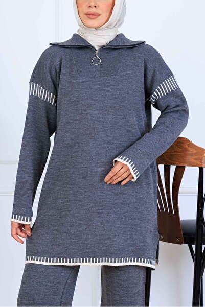 benguen Zippered Collar Stripe Detail Knitwear Set S1061 Anthracite