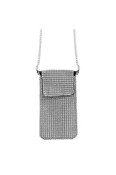 OEM Mobile Phone Bag with Silver Rhinestones & Silver Chain for Women 11x20.5cm