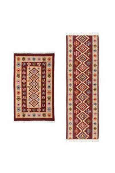 OEM 1+1 Traditional rugs, 1 pc 80x125 cm + 1 pc 60x90 cm, Red and cream, ROMB pattern