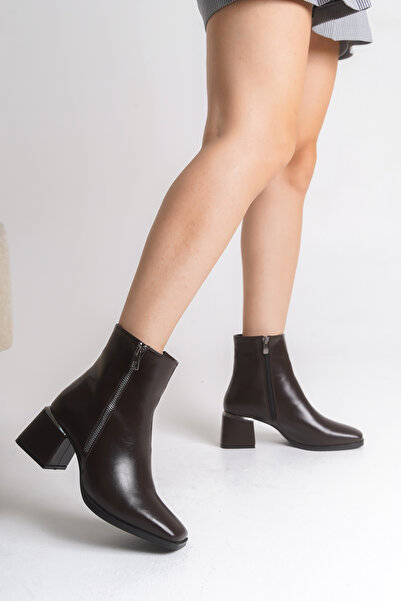 Shu Mhu Остри върхове, цип отстрани, дебел ток 6 см, удобни дамски кафяви ботуши с дебел ток за всеки ден