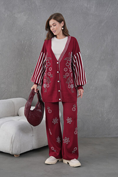 Miss Allos Women's Beaded Wide-Fit Knitwear Cardigan and Pants Bottom-Top Set