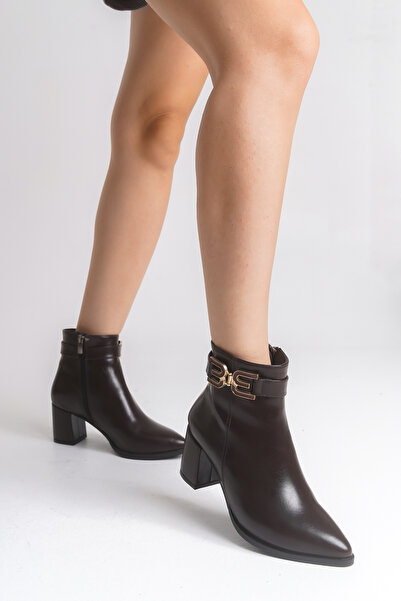 Shu Mhu Дебел 6,5 см ток, каишка за глезена, заострена нос, удобни дамски кафяви ботуши с ток