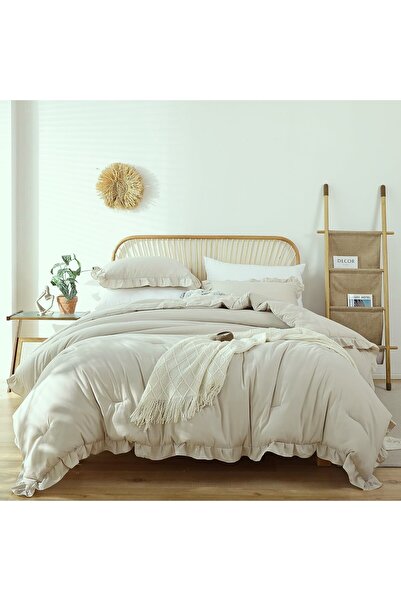 Maki Home Makiteks 100% Cotton Ruffled Beige 240X220+2*(50X70) King Size Duvet Cover and Pillowcase