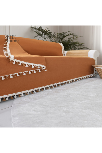 NDC HOME Premium Keten Tarçın [ TARÇIN] Ponponlu Koltuk Örtüsü (170 x 220