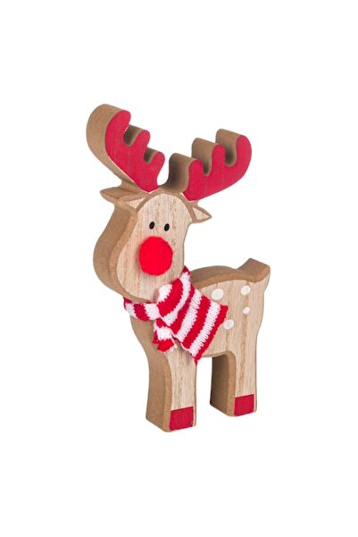 SHOPIENS Decorațiune de Crăciun din lemn, 18 cm, ren cu eșarfă roșie și nas c...