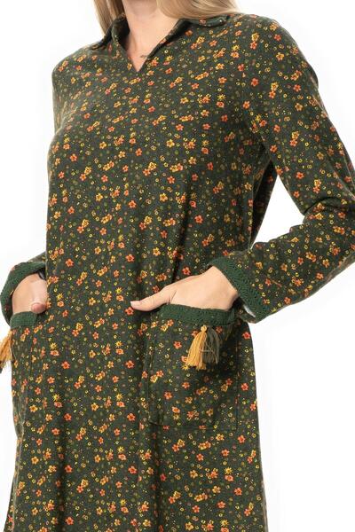 Eliş Şile Bezi Long Sleeve Zuhal Flannel Midi Length Autumn and Winter Dress Daisy Pattern Green Ysl