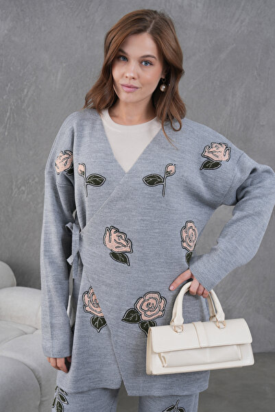 Miss Allos Women's Beaded Side-Tie Wide-Fit Knitwear Cardigan and Pants Bottom-Top Set