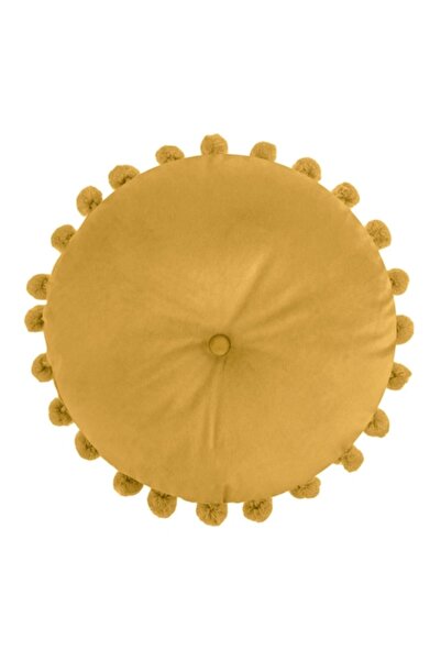 OEM Round Velvet Decorative Pillow, Mustard Yellow, Button & Pompom, Ø40cm