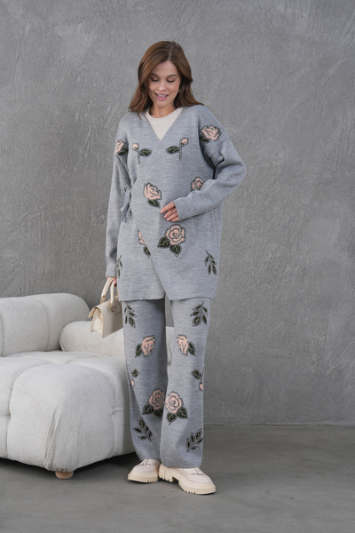 Miss Allos Жіночий трикотажний кардиган з бічною застібкою, прикрашений бісером, та штани, комплект верхнього та нижнього одягу