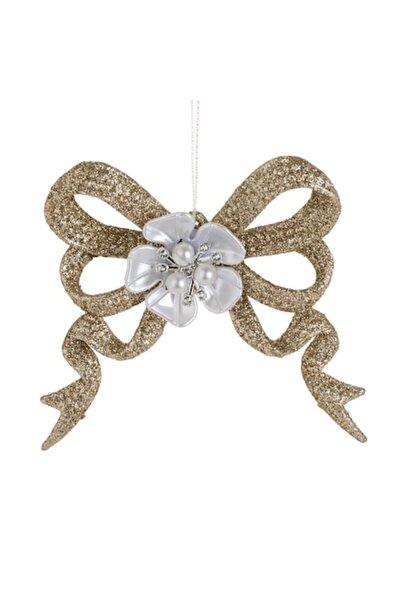 SHOPIENS Ornament de Crăciun cu fundă bej cu sclipici și mărgele 10x10cm