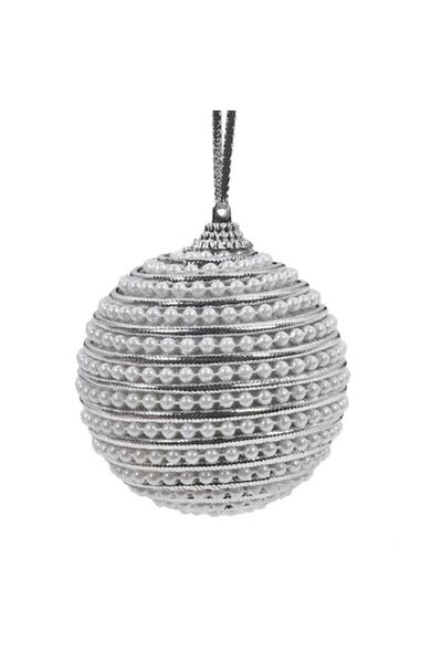 OEM Christmas Tree Ornament - Foam Bauble with Silver Cord and White Pearl, 8cm