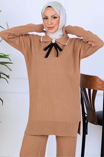 benguen Πλεκτό σετ με λεπτομέρεια κορδέλας στο λαιμό S1064 Mink