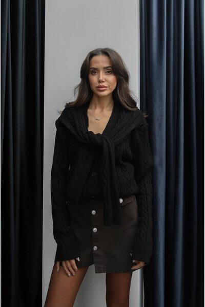 Havoş Black Cardigan with Shoulder Scarf Detail