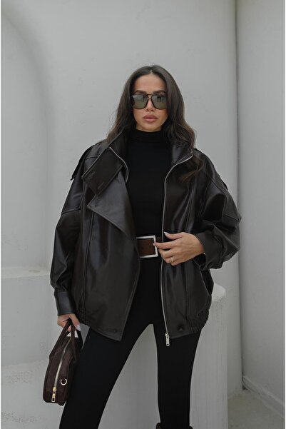 Havoş Brown Leather Jacket with Throat Detail