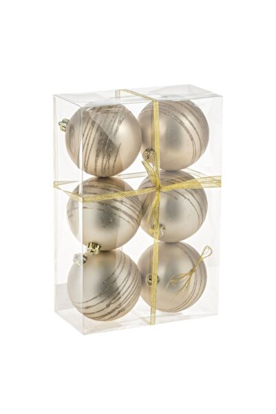 OEM Set globuri de Crăciun bej mat-șampanie cu dungi strălucitoare 10cm - 6 buc