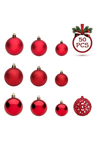 OEM Set globuri roșii de Crăciun, sclipici mat strălucitor 3-4-6cm - 50 buc