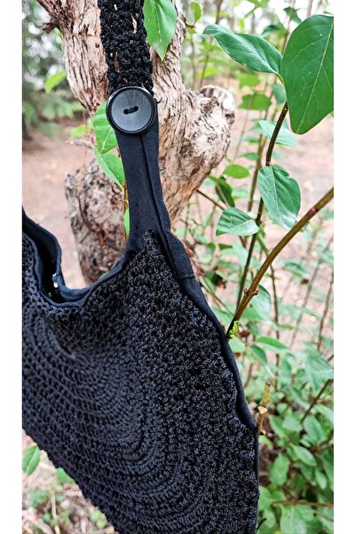 BaharEli Handcrafted Knitted Bag / Crocheted with Black Macrame Thread / Button Detail, Lined, Inner Pocket (36X26)