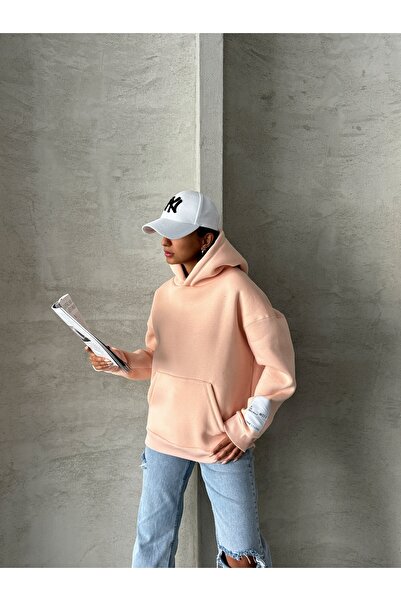 Cappmoda Swt-14274 Powder Sleeve Label Detailed Hooded Three Thread Raised Sweatshirt