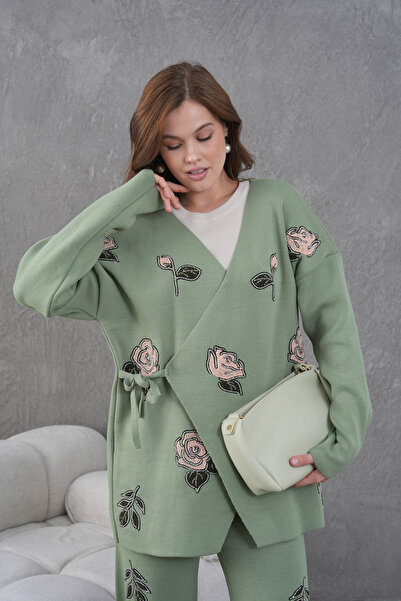 Miss Allos Women's Beaded Side-Tie Wide-Fit Knitwear Cardigan and Pants Bottom-Top Set