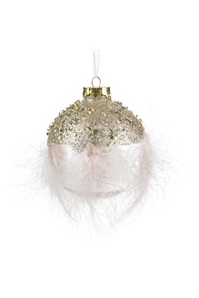 SHOPIENS Ornament de Crăciun - glob transparent cu strass auriu și pene roz 8 cm
