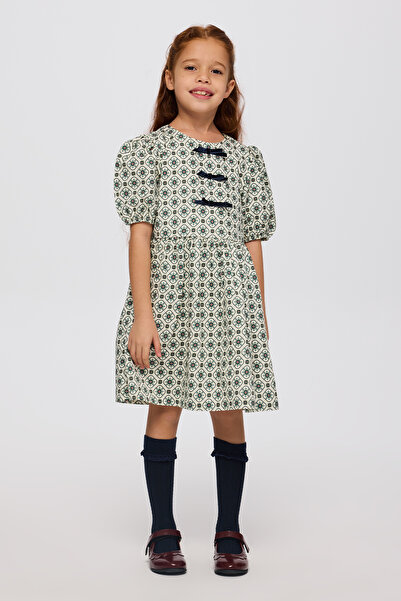 Panço Kız Çocuk Kol Ucu Lastik Detaylı Gizli Fermuarlı Pamuk Astarlı Yeşil El...