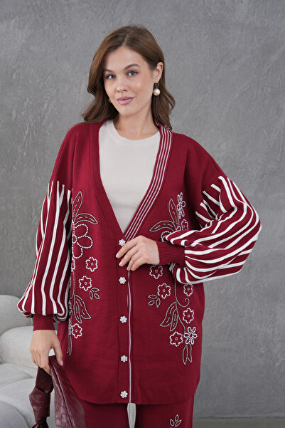 Miss Allos Women's Beaded Wide-Fit Knitwear Cardigan and Pants Bottom-Top Set