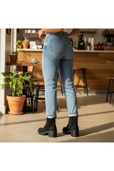 NE&VE SHOES Siyah Süet Hakiki Deri Fermuarlı Kadın Kalın Topuklu Bot