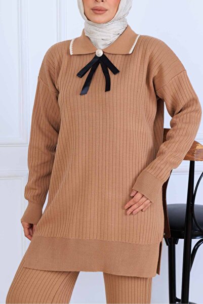 benguen Πλεκτό σετ με λεπτομέρεια κορδέλας στο λαιμό S1064 Mink