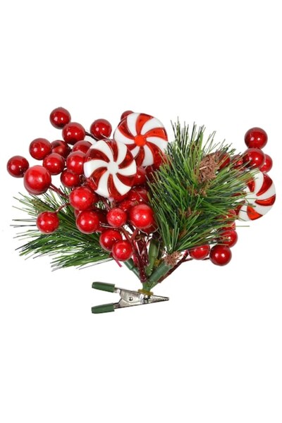 ANTBRO Decorațiune de Crăciun: Crenguță de pin cu acadele și fructe de pădure roșii, clemă, 16 cm