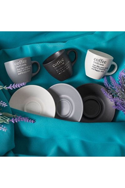 OEM Set of 3 ceramic coffee cups with saucers, gray/black/cream, 90ml, saucer diameter 11cm