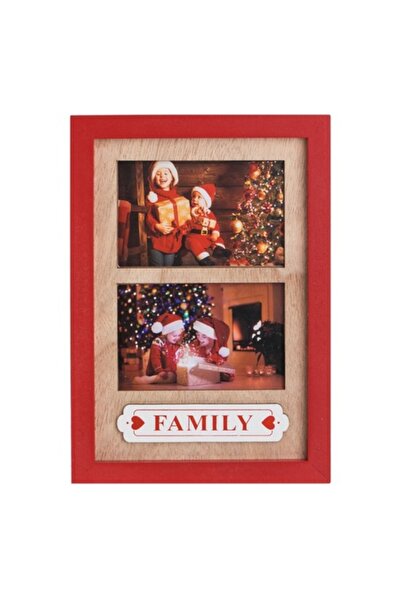 OEM Ramă foto de Crăciun cu ramă roșie din lemn „Familie” 17x24 cm