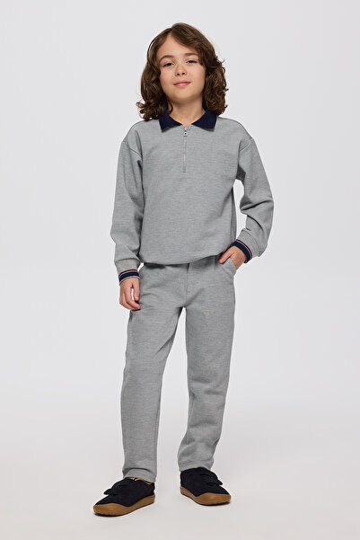 Panço Kız Çocuk Düğmeli Örme Gri-Melanj Pantolon