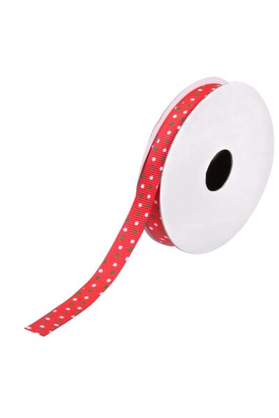 OEM Panglică decorativă de Crăciun - roșie cu buline albe și verzi - 5m x 9mm