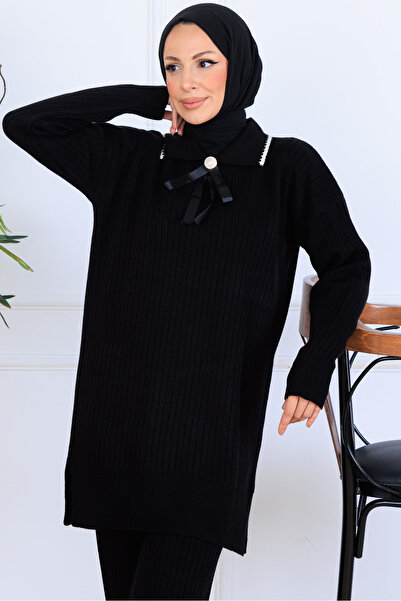 benguen Ribbed Collar Detail Knitwear Set S1064 Black