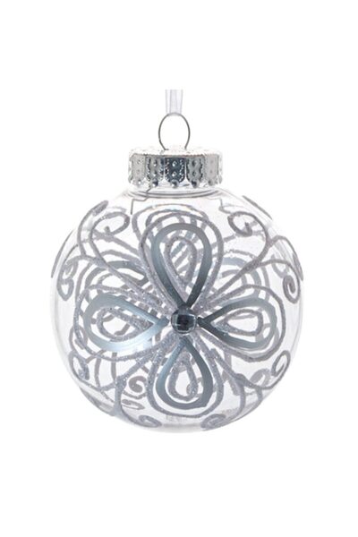 OEM Glob de Crăciun cu imprimeu cu fundă argintie, 8 cm