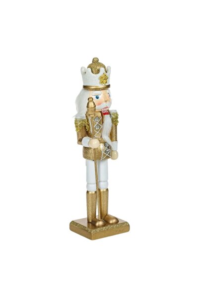 OEM Christmas Decorative Figurine, Wooden King, 25.5 cm, White Uniform, Gold Details, Rhinestones