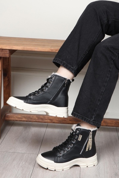 KOCAMANLAR 5428 Memory Rubber Αντιολισθητική Σόλα Γυναικείες Μπότες ΜΑΥΡΟ-ΛΕΥΚΟ