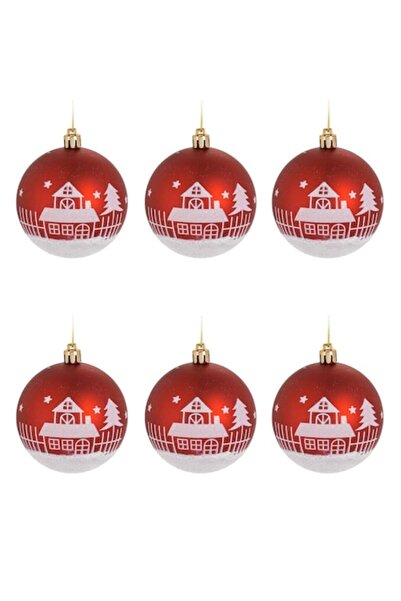 OEM Set of red Christmas baubles with snow-covered houses and glitter ø8cm - ...