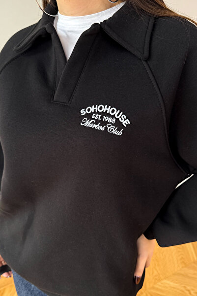 Cappmoda Swt-14284 Black Embroidered Polo Neck Three Thread Raised Sweatshirt