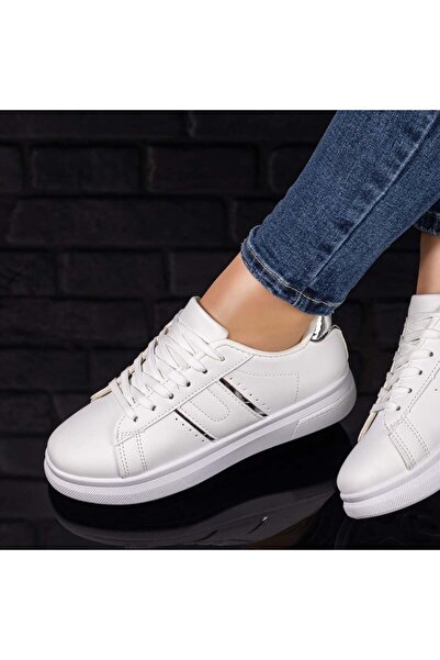 Modlet.ro Women's white and silver lace-up sneakers MOD09720