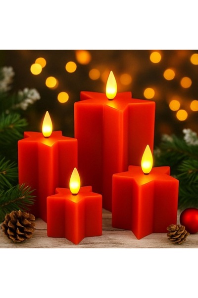 OEM Set of 4 red star-shaped battery LED candles - warm white flame