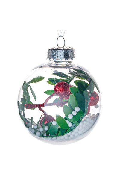 OEM Glob transparent de Crăciun cu zăpadă, frunze verzi și bile roșii cu scli...