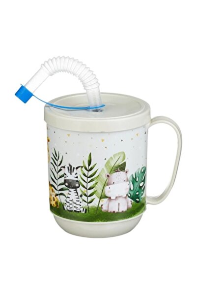 OEM Pahar de plastic cu pai și mâner, ecru, animale din junglă, 350ml