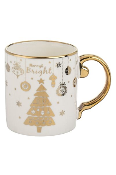 OEM Cană de Crăciun din os, albă, cu mâner și margine aurie, brad, 355 ml