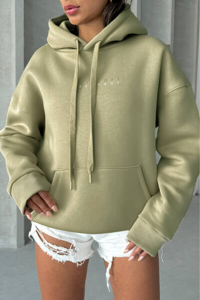 Cappmoda Swt-14267 Khaki Original Text Printed Hooded Three Thread Raised Sweatshirt