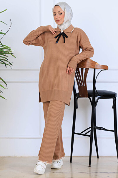 benguen Πλεκτό σετ με λεπτομέρεια κορδέλας στο λαιμό S1064 Mink