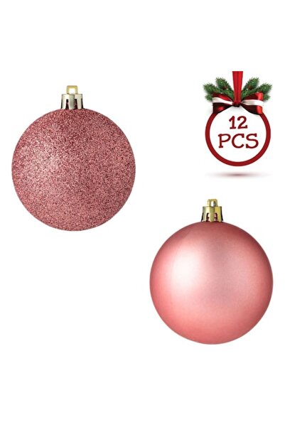 OEM Set globuri de Crăciun, auriu-roz mat cu sclipici, 8 cm - 12 buc